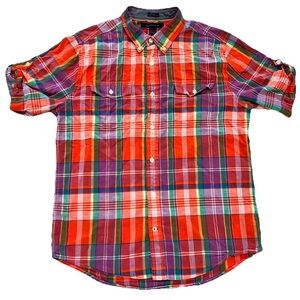 Tommy Hilfiger Button Up Shirt Men's Large Multicolor Plaid Preppy Custom Fit